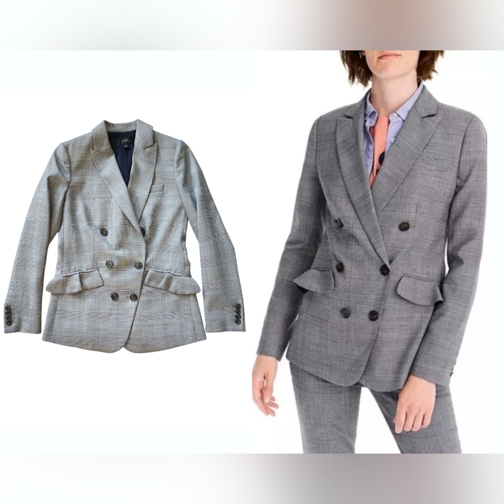 J Crew Wool Glen Plaid Ruffle Pocket Jacket Blazer Double Breasted Size: 0 J5630